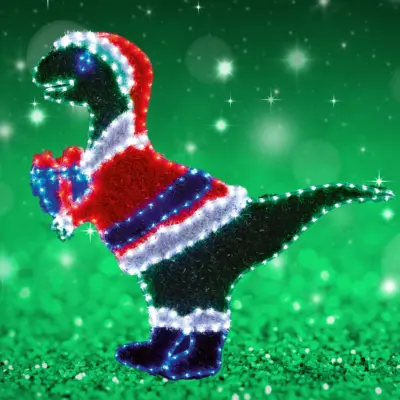 1.2m Dinosaur in a Santa Coat and Hat Tinsel Rope Light with LEDs
