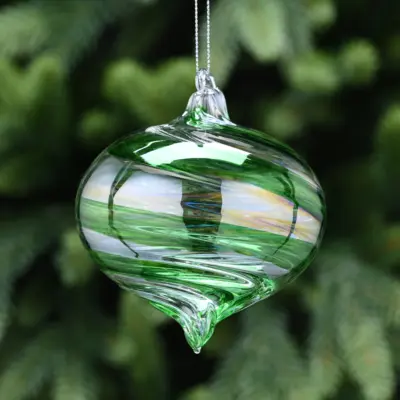 10cm Clear Glass Onion Bauble with Green Swirl Tree Decoration