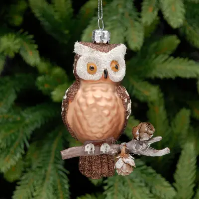 12cm Glass Owl on Branch Christmas Tree Decoration