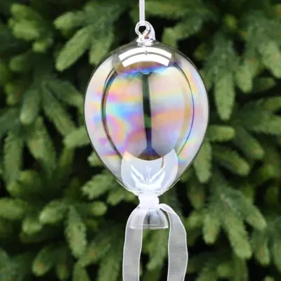 17cm Clear Iridescent Glass Bauble Balloon with White Ribbon Tree Decoration