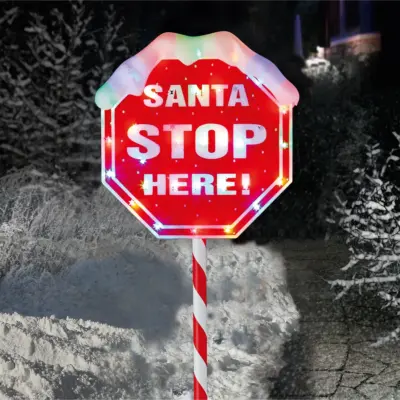 1m Santa Stop Here Sign Garden Path Stake Light with 30 Multi Coloured LEDs