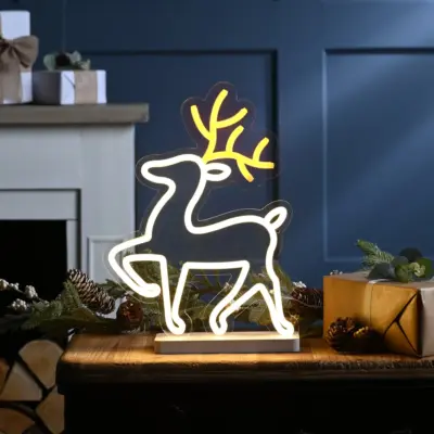 27cm x 36cm Neon Flex Christmas Reindeer on Base with 216 Multi Coloured LED Lights
