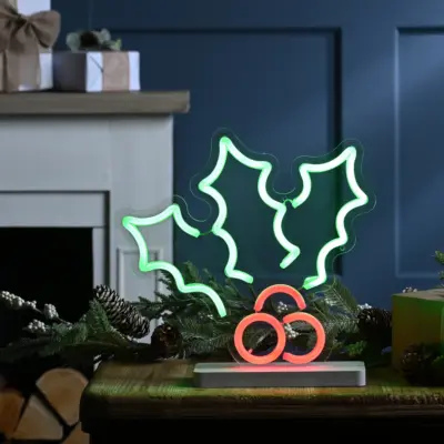 30cm LED Neon Christmas Holly and Berries on Stand