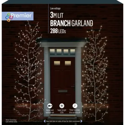 3m Silver Lit Branch Garland with 288 White LEDs