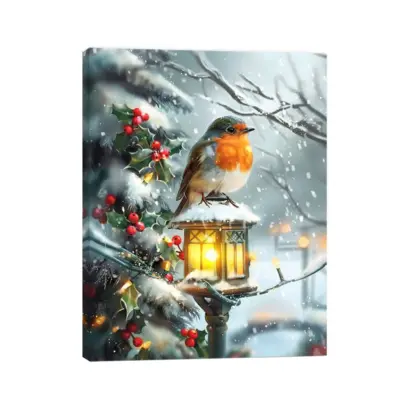 40cm Christmas Robin Design Fibre Optic Canvas Battery Operated