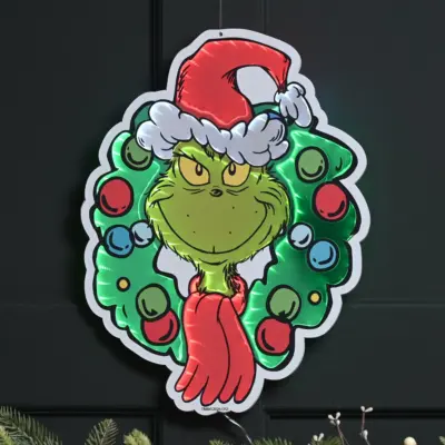 40cm Grinch Wearing Santa Hat Infinity Light & Christmas Wreath