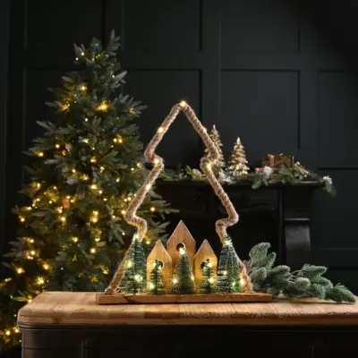 47cm Battery Operated Wooden Village with Jute Rope Christmas Tree