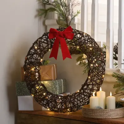 50cm Battery Operated Christmas Wreath with Red Bow Lit with 40 Warm White LEDs