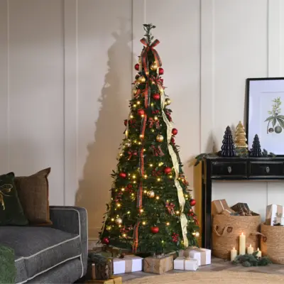5ft Green Pop Up Christmas Tree with Red Gold Decorations and 130 Warm White LEDs