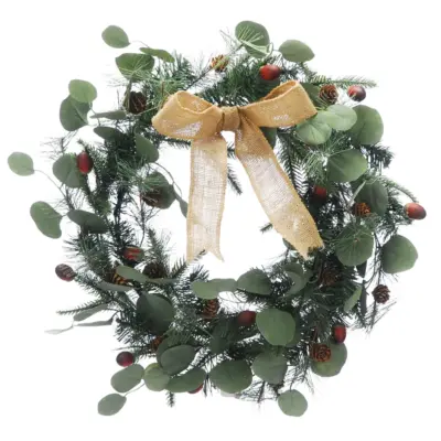 60cm Green Eucalyptus Pinecone Christmas Wreath with Hessian Bow