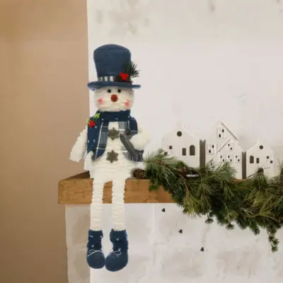 60cm Plush Sitting Snowman with Dangly Legs Wearing a Blue Hat and Scarf