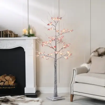 6ft Lit Flocked Berry Chistmas Twig Tree with 104 Warm White LEDs