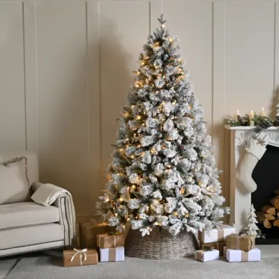 6ft Pre Lit Bishop Pine with Pinecones Snow Flocked Christmas Tree with 290 Warm White LEDs