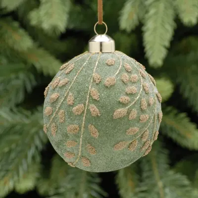 8cm Frosted Green Leaf Design Christmas Tree Bauble