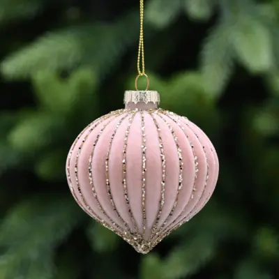 8cm Mink Felt Effect Glass Onion Bauble with Gold Lines Tree Decoration