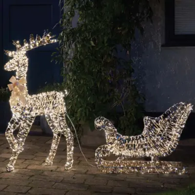 Gold Twist Reindeer and Sleigh Warm White LED Christmas Silhouette