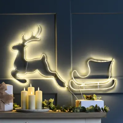 Reindeer and Sleigh Warm White LED Hanging Wall Christmas Silhouette