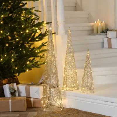Set of 3 Gold Shimmer Cone Christmas Trees with 90 Warm White LEDs