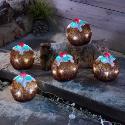 Set of 5 Inlit Christmas Puddings with Ice White LEDs