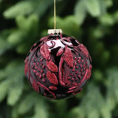 10cm Burgundy Bauble with Glitter Leaves and Grapes Glass Christmas Tree Decoration