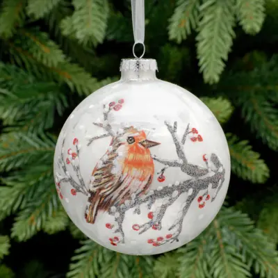 10cm Frosted White Robin Design Glass Bauble Tree Decoration