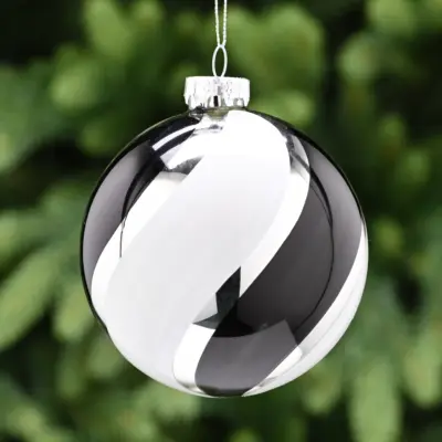 10cm Silver Glass Bauble with Black and White Stripes Tree Decoration