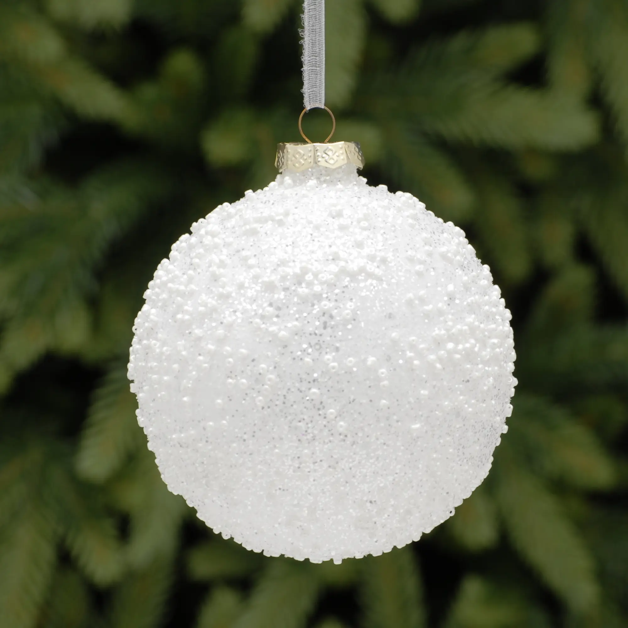 10cm White Beaded Glass Bauble Tree Decoration