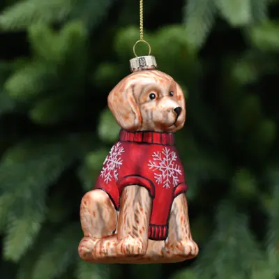 11cm Hanging Golden Glass Dog in Christmas Jumper Tree Decoration