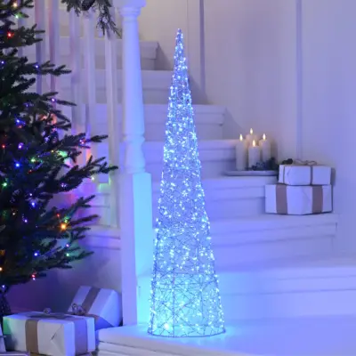 1m Large Silver Christmas Shimmer Cone with 600 Blue Twinkling LEDs