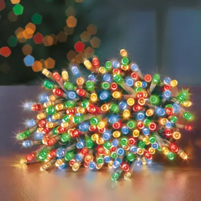 200 Multi Coloured Supabrights Multi Action LED String Lights on Clear Cable with Timer