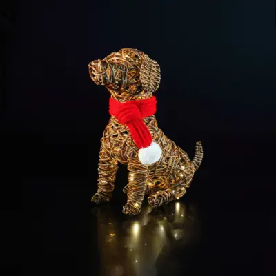 44cm Brown Wicker Sitting Dog with 60 Warm White LEDs