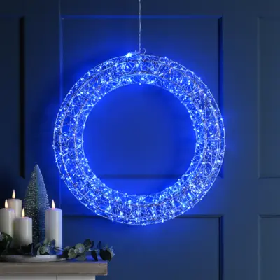 50cm Silver Shimmer Christmas Wreath with 600 Blue Twinkling Micro LEDs