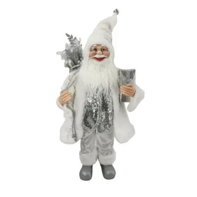 60cm Silver and White Christmas Standing Santa with Present Sack