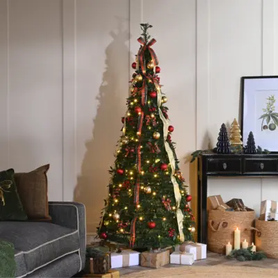 6ft Green Pop Up Christmas Tree with Red & Gold Decorations and 180 Warm White LEDs