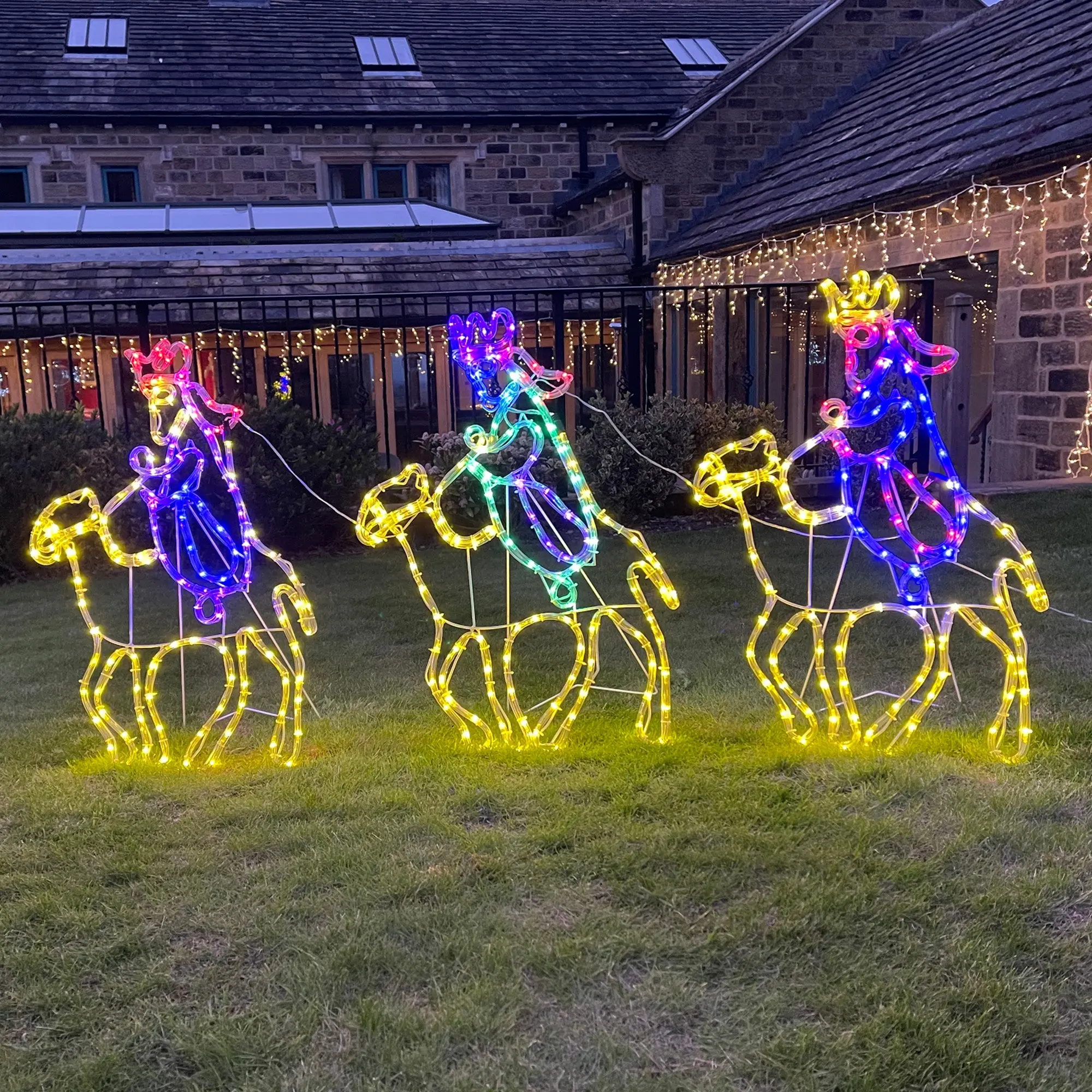 70cm Three Wise Men on Camels Rope Light Silhouettes with 420 Multi Coloured LEDs
