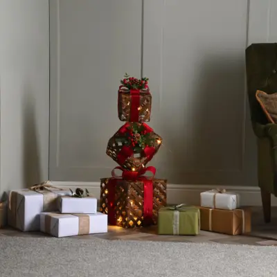 76cm Dark Faux Rattan Christmas Present Stack with Red Ribbon