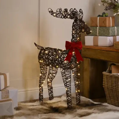 80cm Reindeer with Red Bow Silhouette Battery Powered Lit with 80 Warm White LEDs