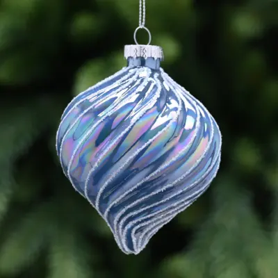 8cm Clear Blue Glass Onion Bauble with Swirl Tree Decoration