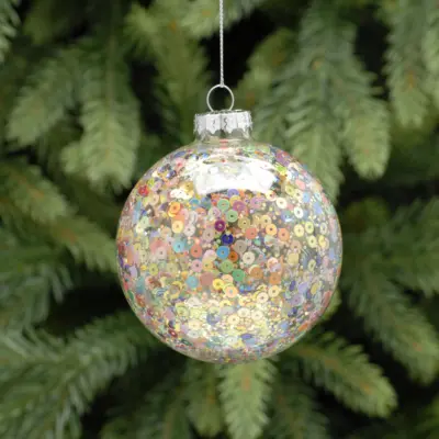 8cm Clear with Multi Coloured Sequins Glass Bauble Tree Decoration