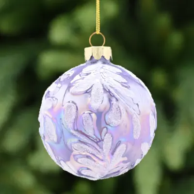 8cm Lilac Iris Glass Bauble with White Glitter Leaf Tree Decoration