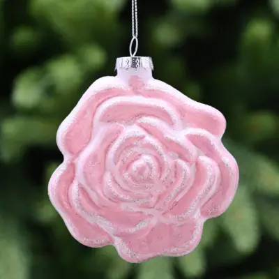 8cm Matt Pink Glass Glitter Rose Christmas Tree Bauble