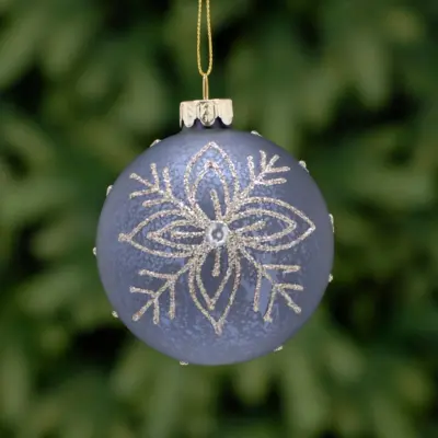8cm Navy Gold Glitter Flower and Gem Glass Bauble Tree Decoration