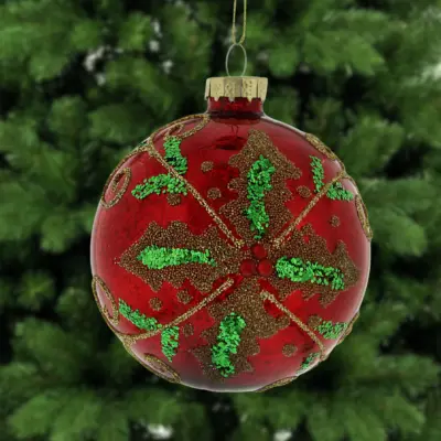 8cm Shiny Red Glass Bauble with Green Holly Design Tree Decoration