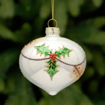 8cm White Bauble with Holly Design Glass Onion Tree Decoration