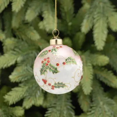 8cm White Glass Bauble with Holly Design Tree Decoration