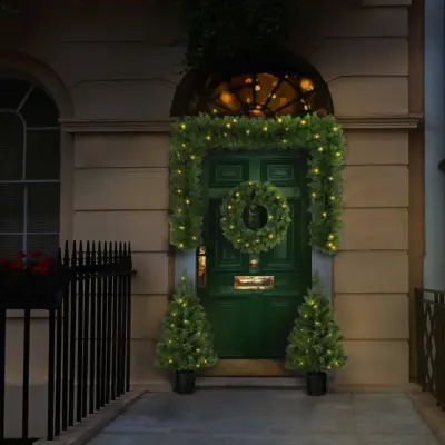Christmas Front Door Package with Pre Lit Trees Wreath and Garland