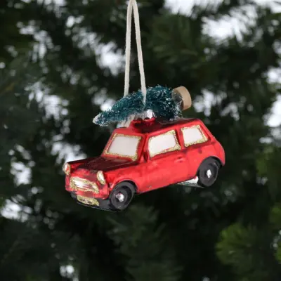 Festive Red Mini with Christmas Tree on Roof Bauble