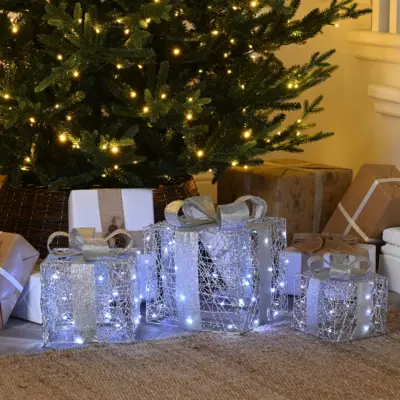 Set of 3 Battery Powered Silver Shimmer Christmas Present Gift Boxes with Silver Bows